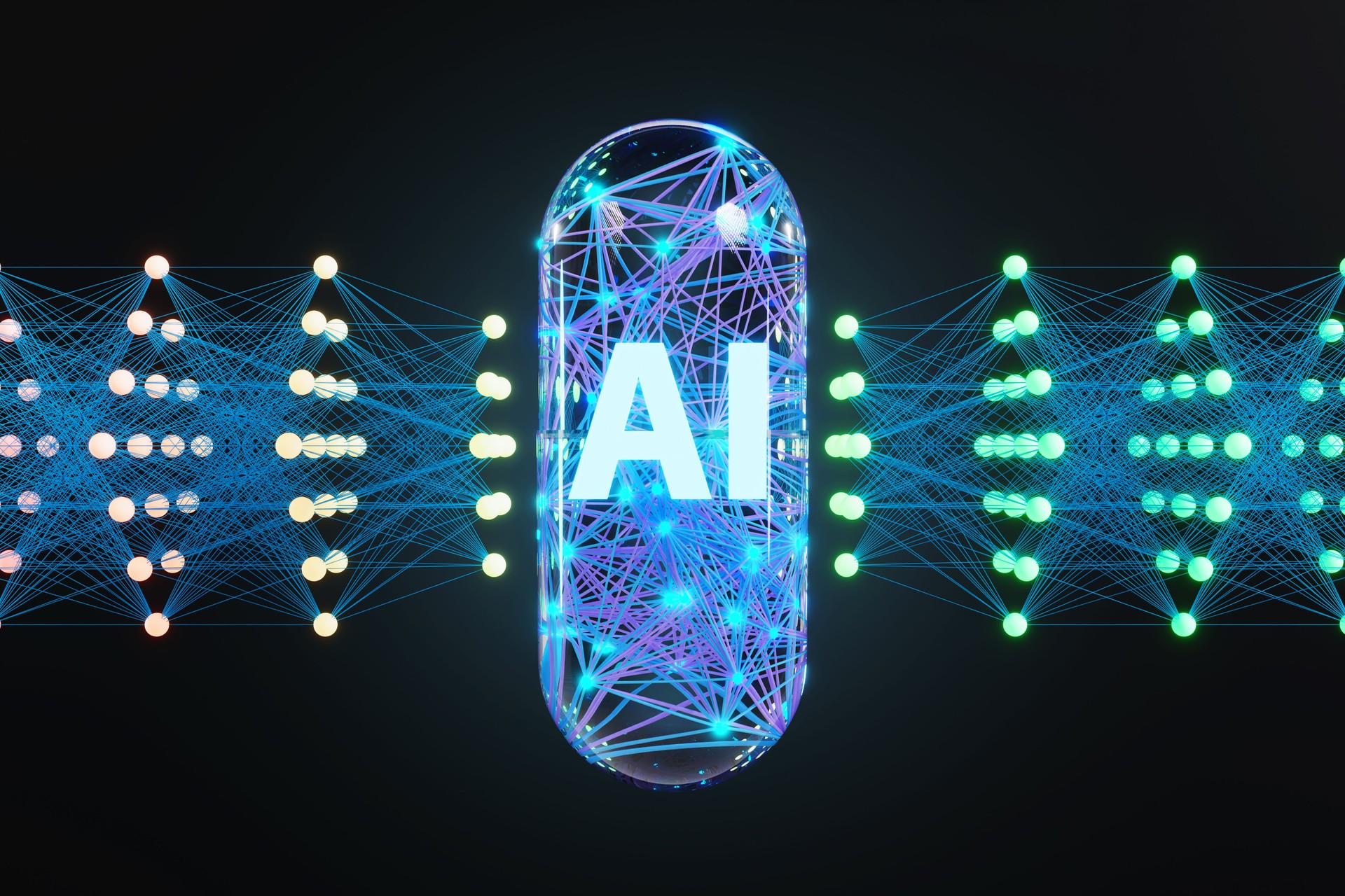 Glowing neural network inside a transparent antibiotic capsule surrounded by a large language model on a black background. Illustration of the concept of AI assistance in pharmacy and drug discovery