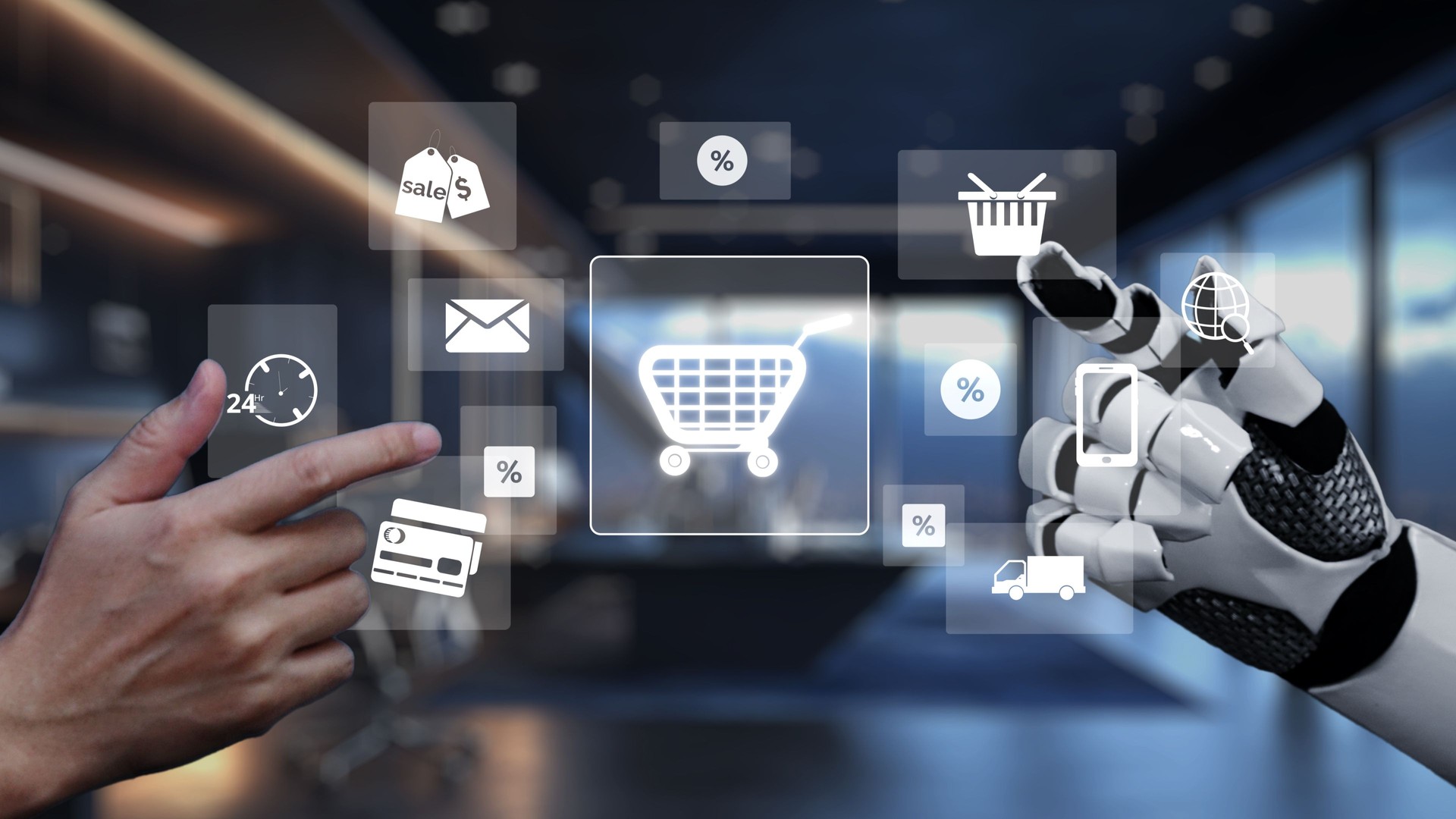Human and robot hands interacting with digital shopping icons, showcasing technology, e-commerce, automation, and innovation in modern retail environments.. Auvana