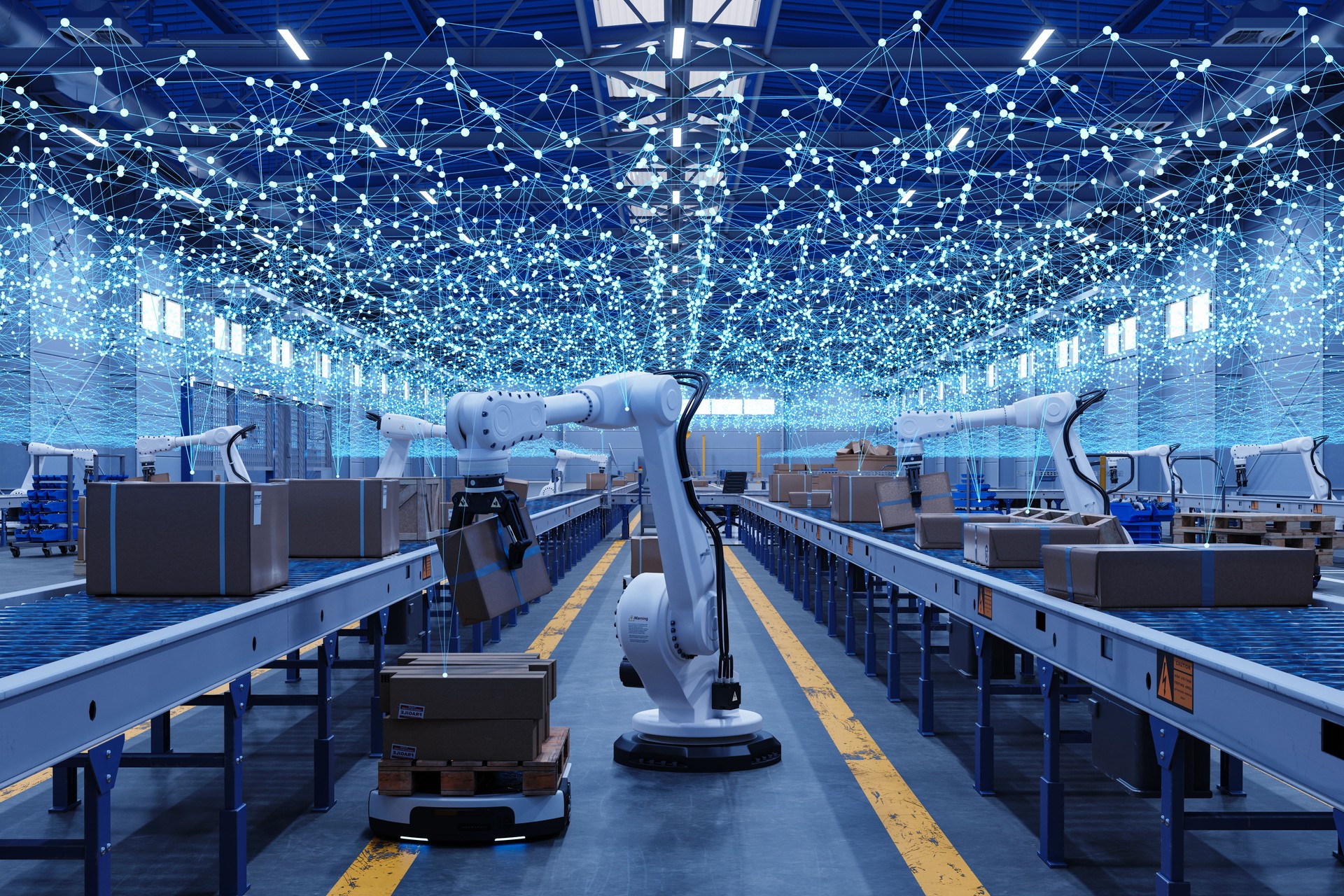 Diminishing Perspective Of Distribution Warehouse With Plexus Lines, Automated Guided Vehicles And Robots Working On Conveyor Belt