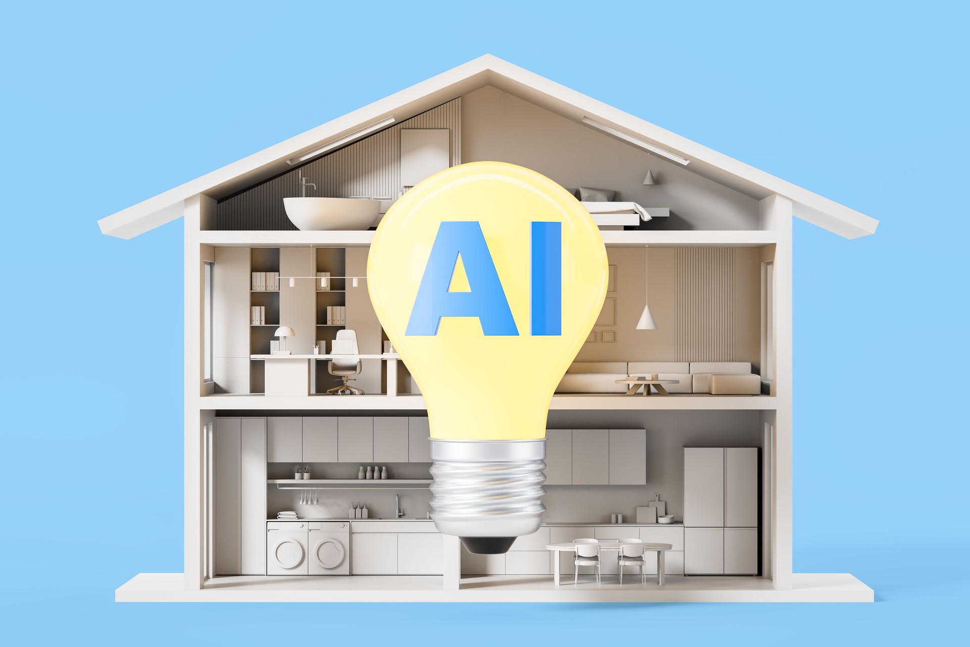 Smart home AI concept with glowing yellow light bulb inside modern house interior cross-section on blue background. 3D Rendering