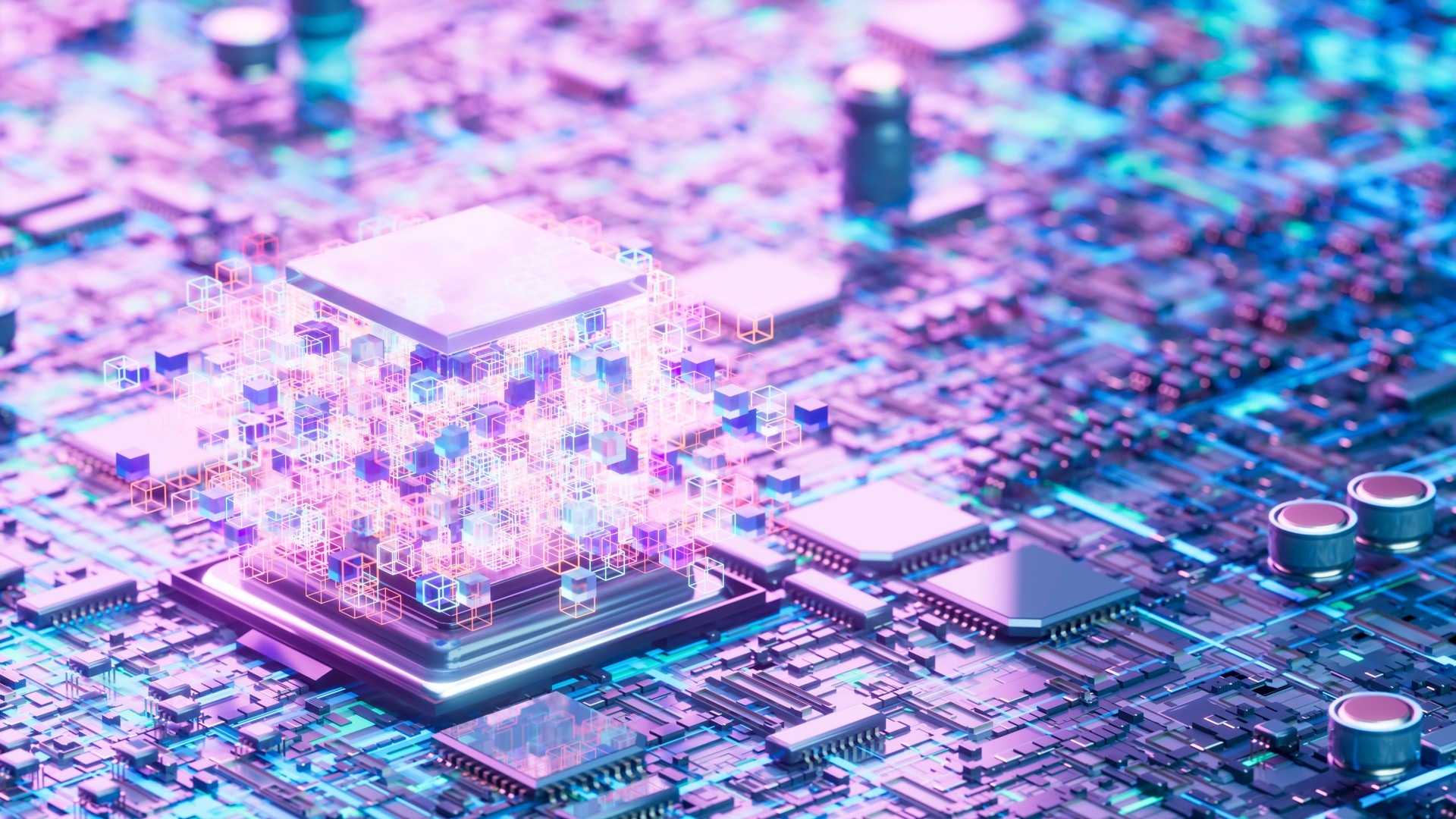 Artificial Intelligence CPU on Motherboard with Illuminated Data Cubes, AI Technology Concept