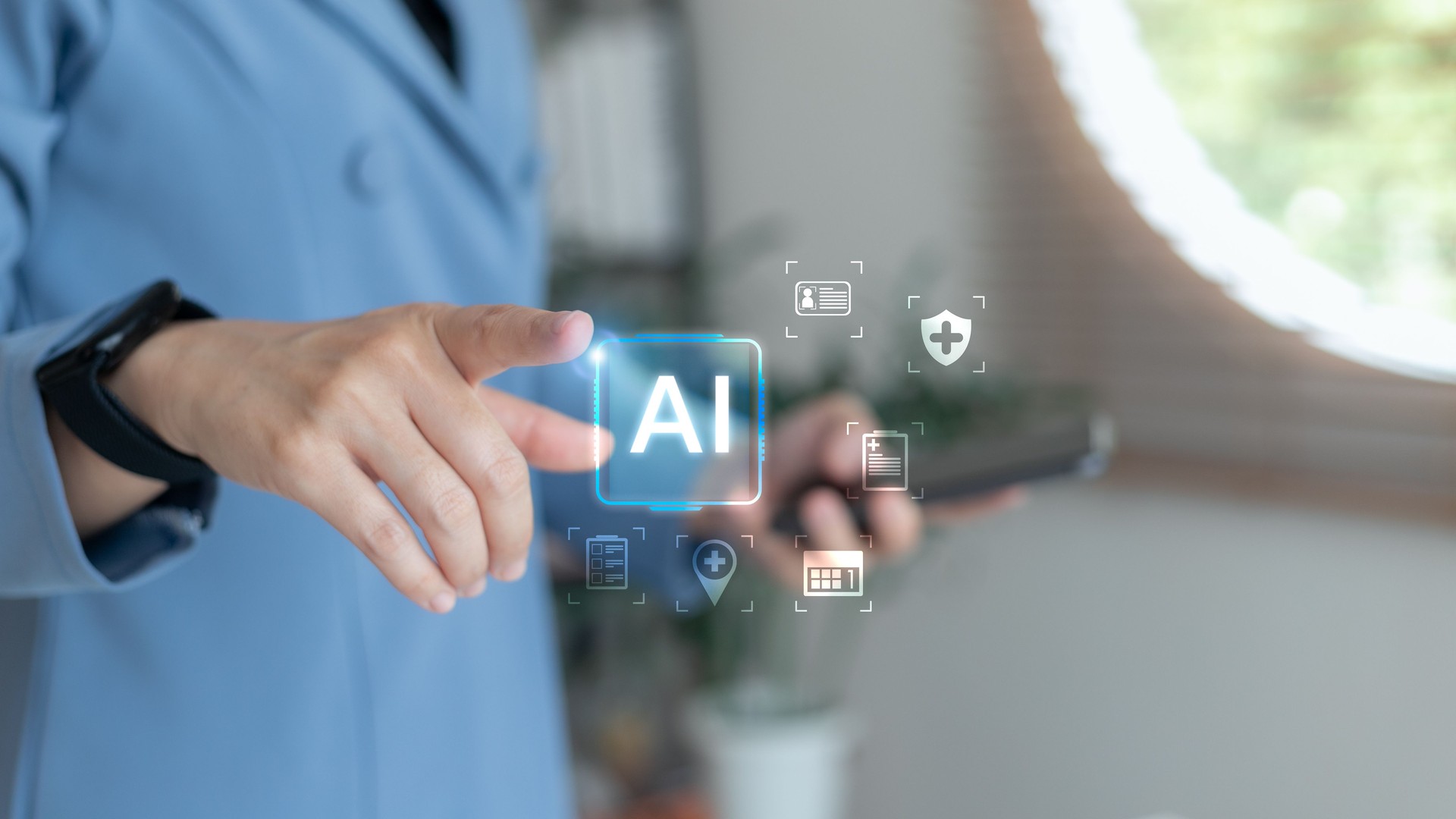 Person using hologram AI interface with medical icons, representing artificial intelligence in healthcare, patient data, and digital medical technology.