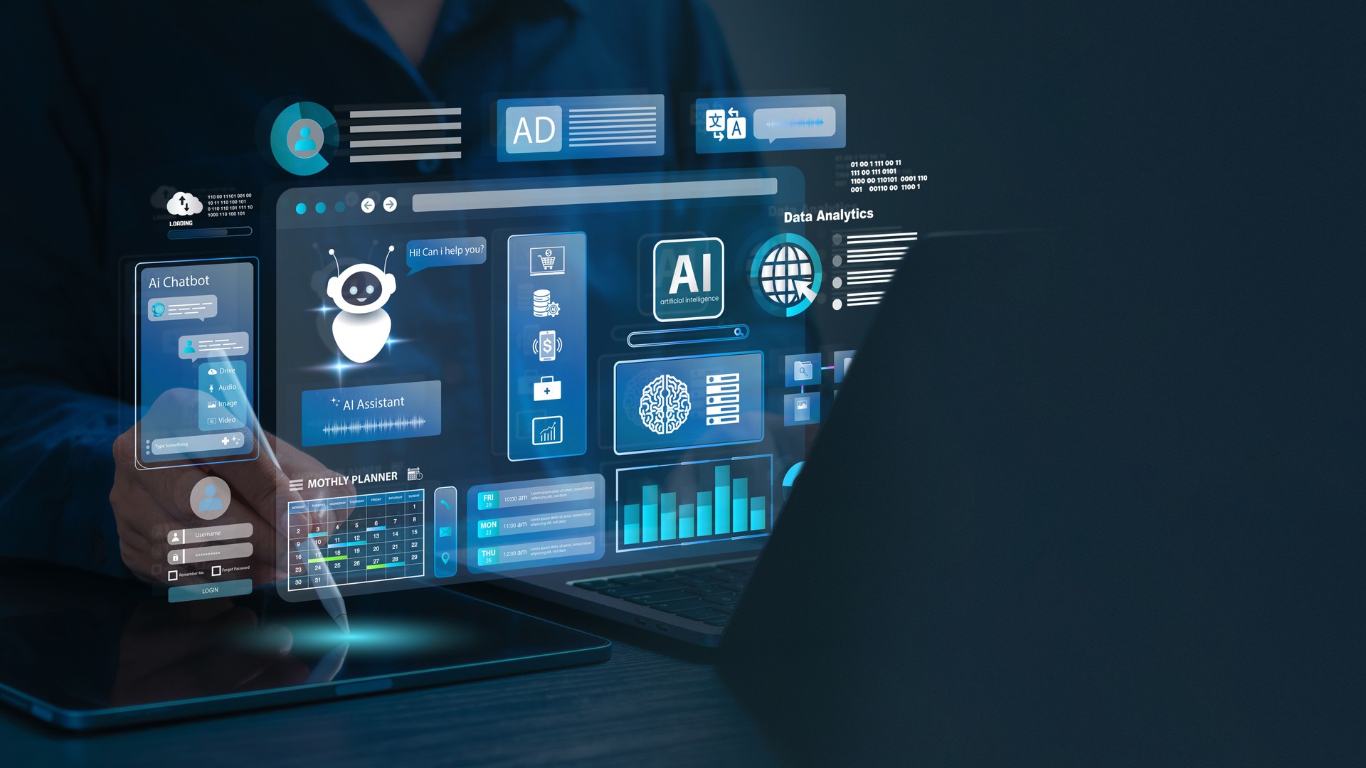 AI agent and generative artificial intelligence concept. Businessman using AI agents on screen, including chatbots, AI assistants, and data analytics tools on a laptop. Chatbot, Ai agentic workflows.